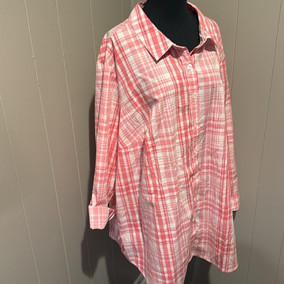 Woman Within pink/white plaid button front long cuffed sleeve shirt. 2X, 26/28. - Picture 3 of 5